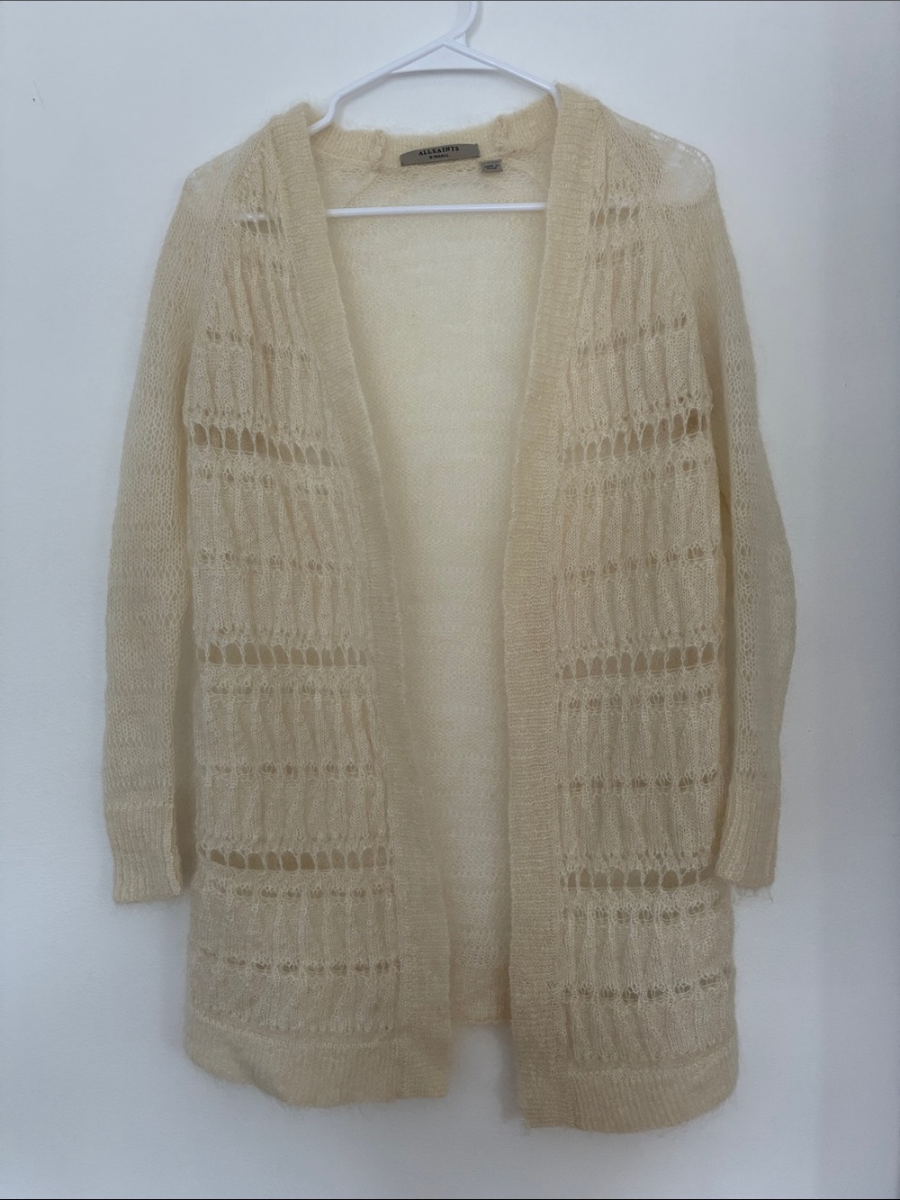 All Saints Cole Cardigan XS Open Weave Longline Mohair Wool Boho Fairy Duster